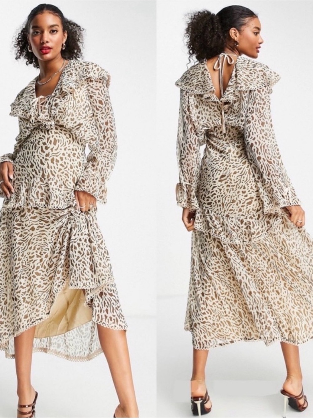 ASOS Cream and Brown Ruffled High-Low Midi Dress